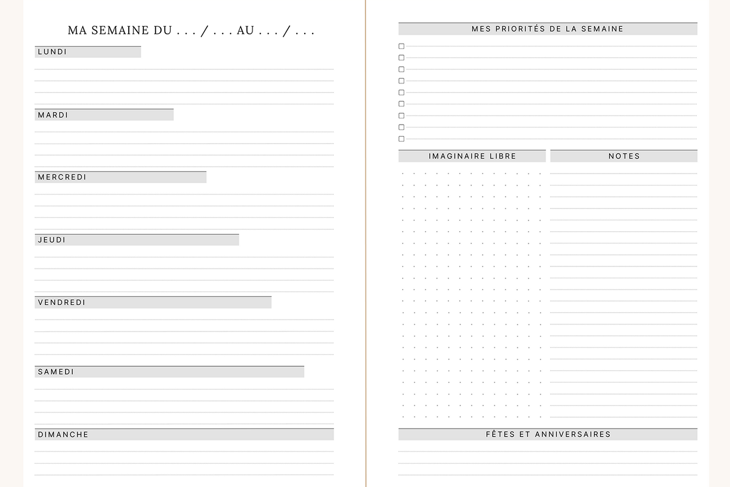 Visuel de l'agenda Jill représentant la double page 1 du déroulé de la semaine. Vous retrouvez sur ces 2 pages une plusieurs lignes par jour de la semaine, un espace pour vos priorités de la semaine, un espace libre, un espace de notes et un encart pour noter fêtes et anniversaires.