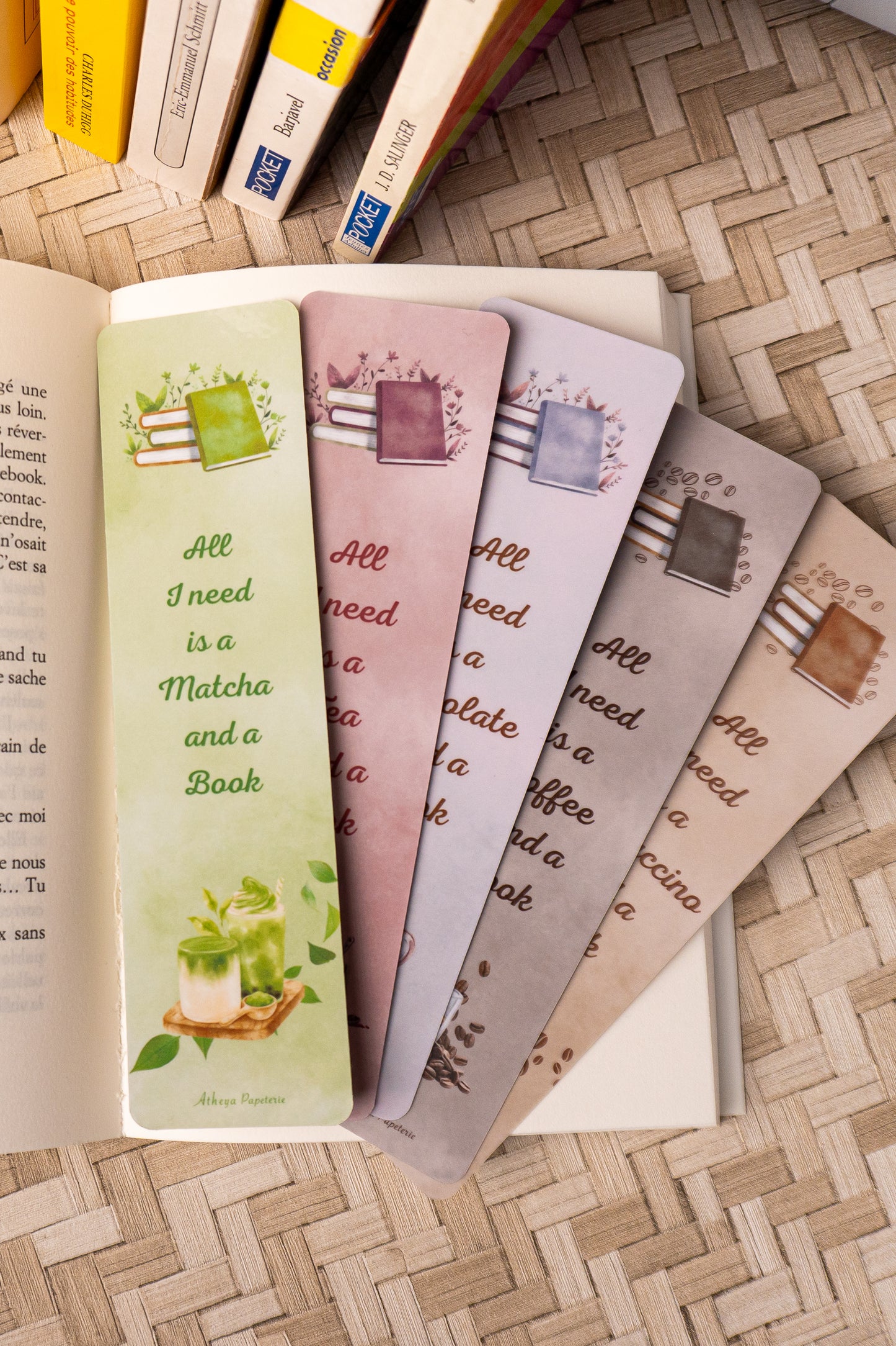 Photo des 5 marque-pages sur le thème des boissons chaudes.