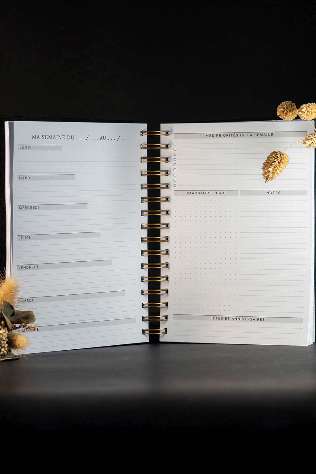 Photo de l'intérieur de l'agenda Jill avec la première double page de la semaine. L'agenda est sur un fond noir. Les seuls éléments de décoration que l'on aperçoit sont des fleurs séchées.