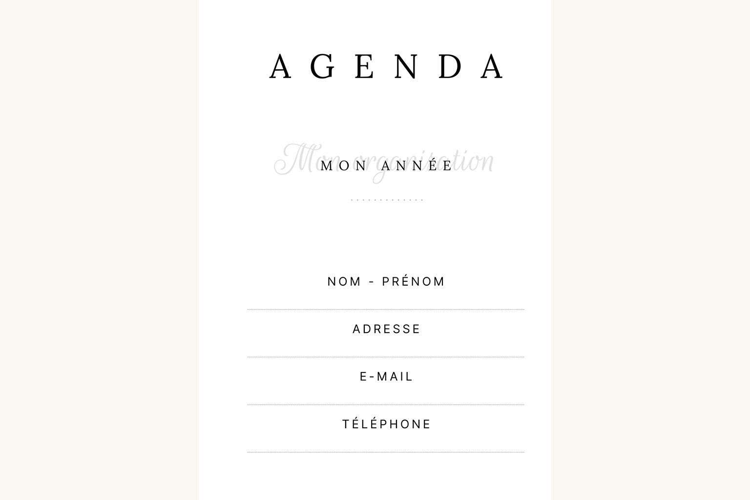 Visuel de la page de garde de l'agenda Alix où vous pouvez inscrire vos coordonnées.