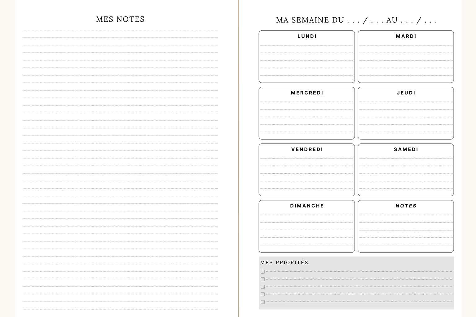 Visuel des pages de l'agenda Alix que vous trouverez en chaque début de semaine. Sur la page de gauche, une page de note ; et sur la page de droite, le planning hebdomadaire et vos priorités de la semaine.