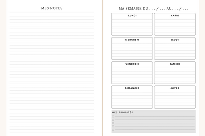 Visuel des pages de l'agenda Alix que vous trouverez en chaque début de semaine. Sur la page de gauche, une page de note ; et sur la page de droite, le planning hebdomadaire et vos priorités de la semaine.