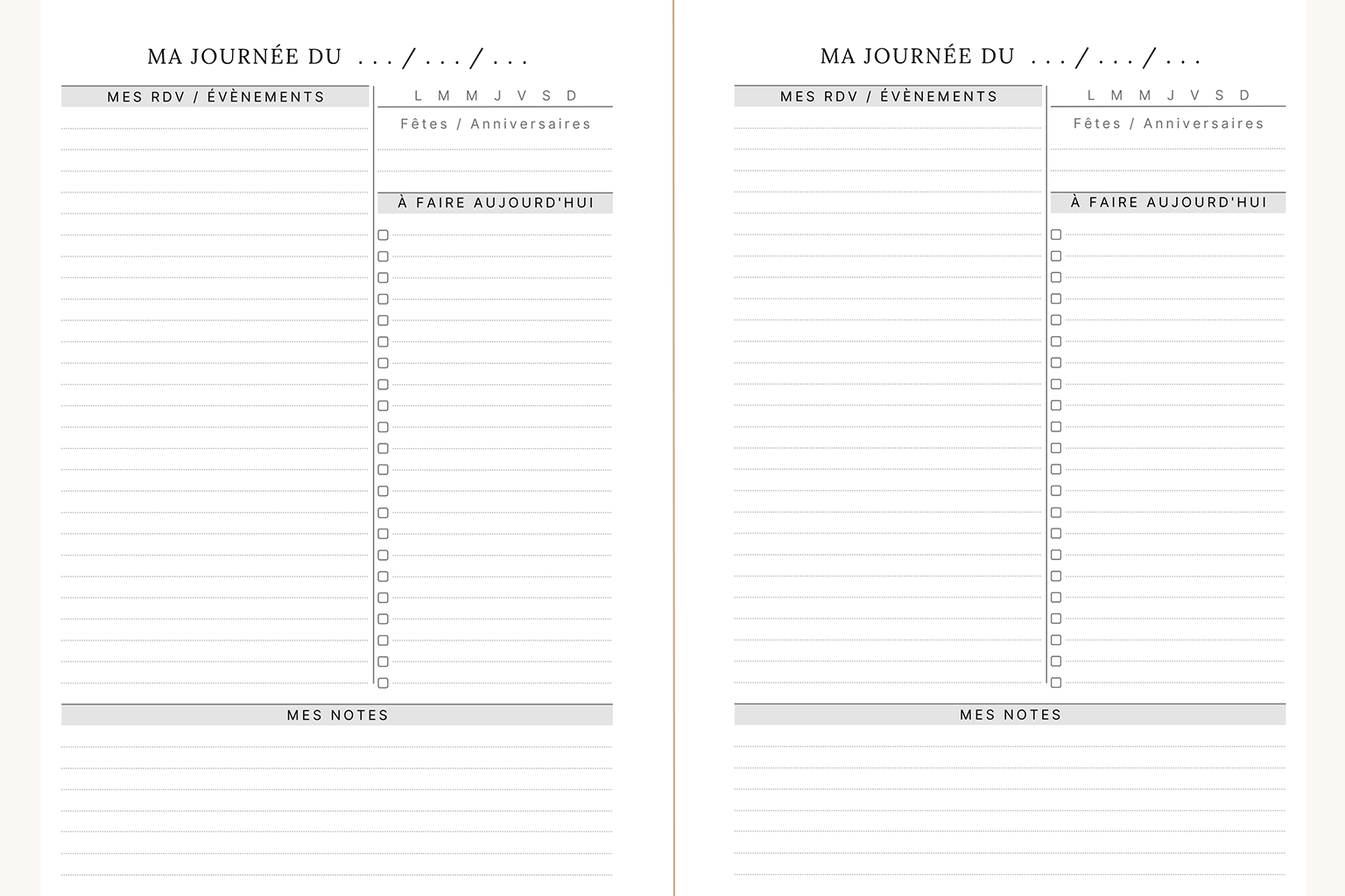 Visuel de l'agenda Alix représentant 2 pages avec un planning quotidien. Sur chacune de ces pages, vous trouverez : vos rdv et évènements du jour, un encart pour les fêtes et anniversaire ; une to do list ainsi qu'un espace de notes.