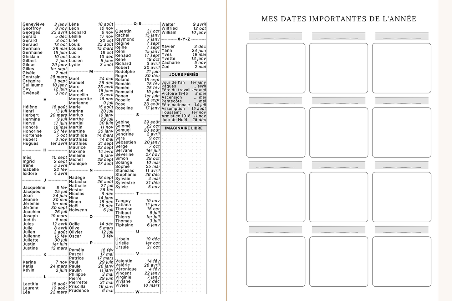 Visuel de l'agenda Jill où l'on voit le calendriers des fêtes sur la page de gauche et les dates importantes de l'année sur la page de droite.