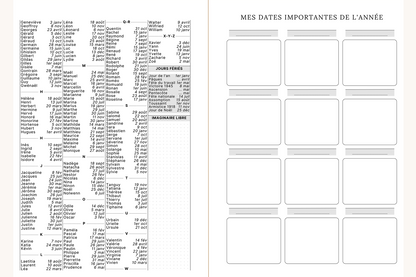 Visuel de l'agenda Jill où l'on voit le calendriers des fêtes sur la page de gauche et les dates importantes de l'année sur la page de droite.