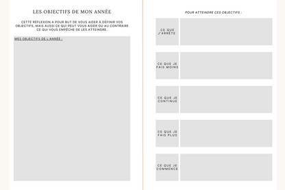 Visuels de pages que l'on trouve dans l'agenda Jill où vous pouvez inscrire tous les objectifs de votre année et ce que vous allez mettre en place pour les atteindre.