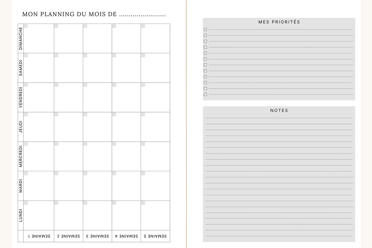 Visuel des pages de l'agenda Jill que vous trouverez en chaque début de mois. Sur la page de gauche, le planning mensuel, sur la page de droite, vos priorités mensuelles ainsi qu'un espace de notes.