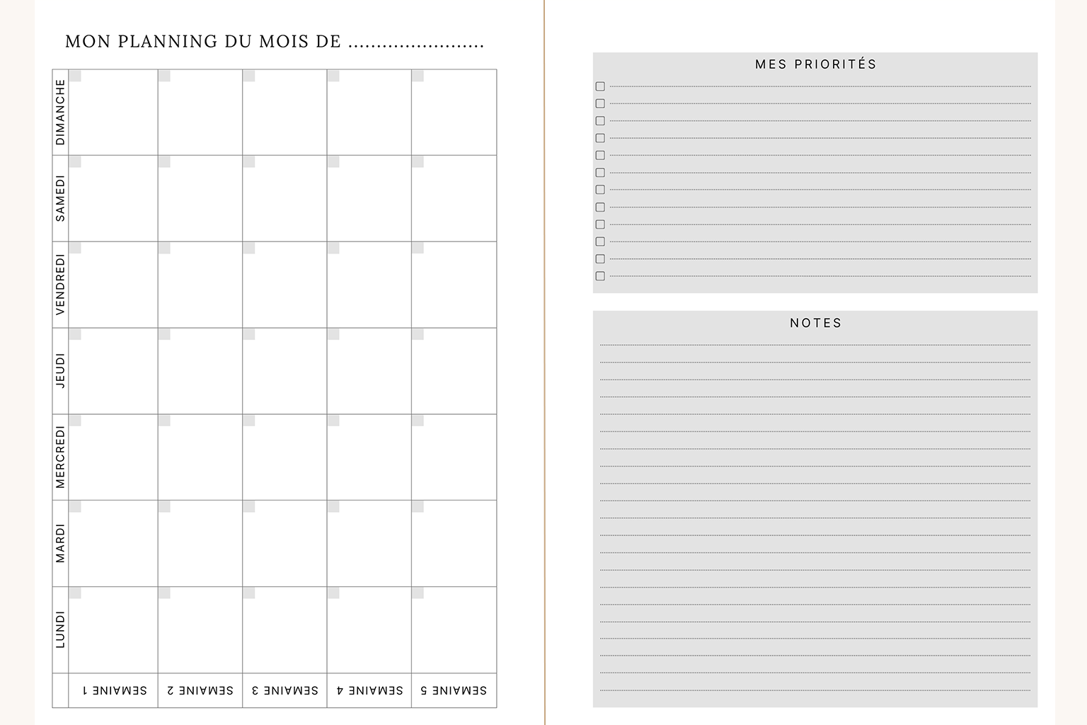 Visuel des pages de l'agenda Jill que vous trouverez en chaque début de mois. Sur la page de gauche, le planning mensuel, sur la page de droite, vos priorités mensuelles ainsi qu'un espace de notes.