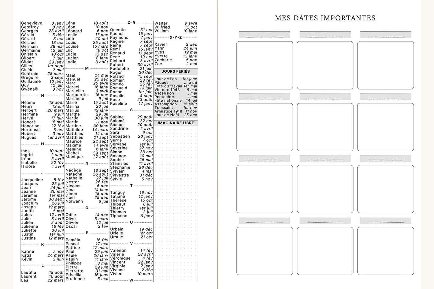 Visuel de l'agenda Rose où l'on voit le calendriers des fêtes sur la page de gauche et les dates importantes de l'année sur la page de droite.