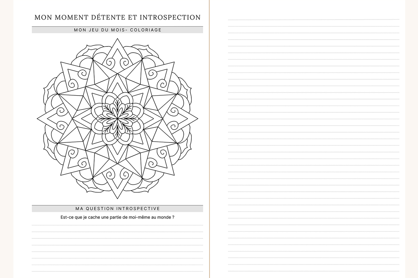 Visuel d'une page de jeu et question que vous retrouverez dans l'agenda Lea. À la fin de chaque mois, retrouver un petit jeu ainsi qu'une question introspective.