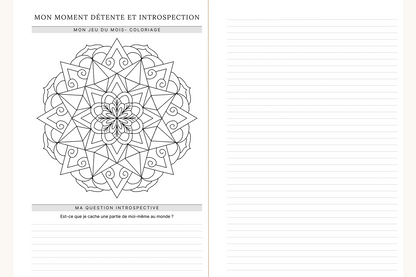 Visuel d'une page de jeu et question que vous retrouverez dans l'agenda Lea. À la fin de chaque mois, retrouver un petit jeu ainsi qu'une question introspective.