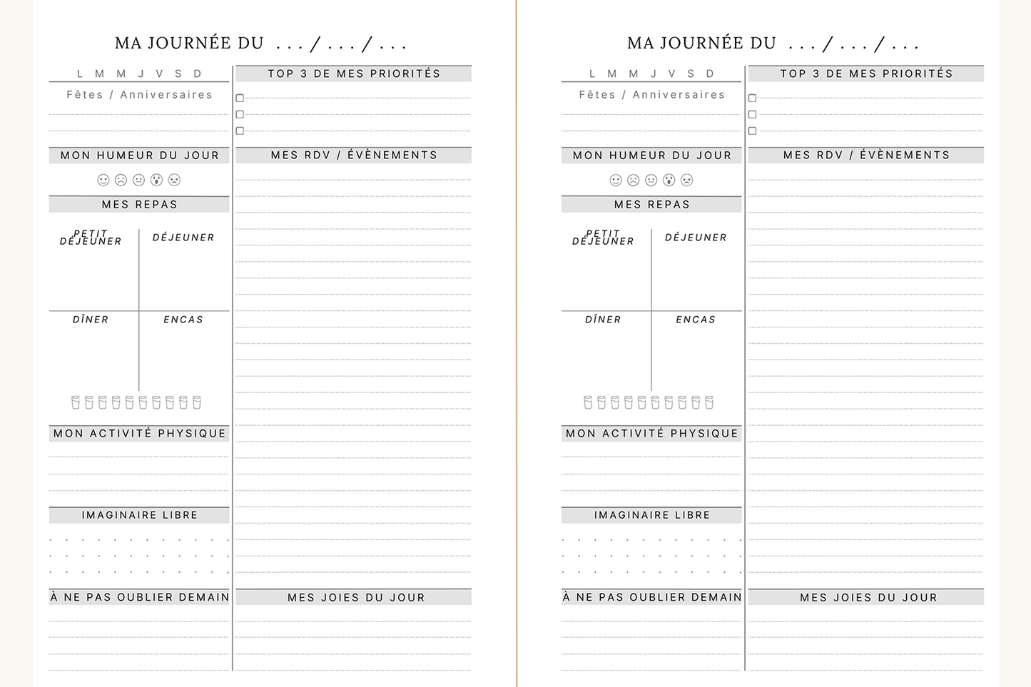 Visuel de l'agenda Lea représentant 2 pages avec un planning quotidien. Sur chacune de ces pages, vous trouverez : les fêtes et anniversaires, votre humeur, vos repas, votre activité physique, vos priorités, vos rendez-vous, vos gratitudes ainsi qu'un espace imaginaire libre.