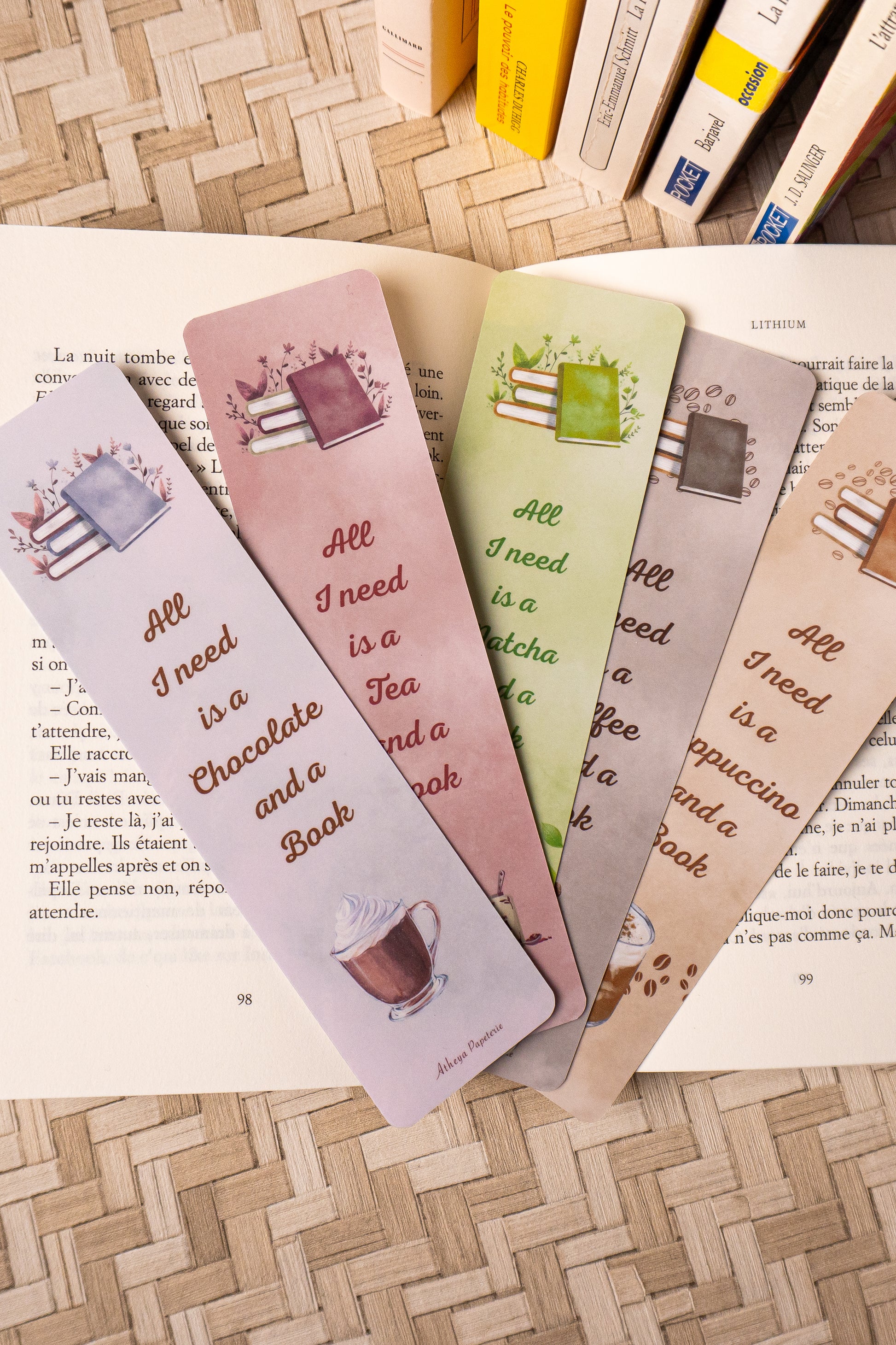 Photo des 5 marque-pages sur le thème des boissons chaudes. 