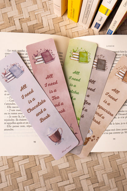 Photo des 5 marque-pages sur le thème des boissons chaudes. 