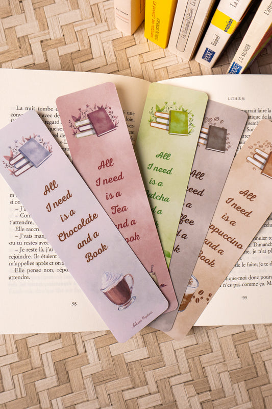 Photo des 5 marque-pages sur le thème des boissons chaudes. 