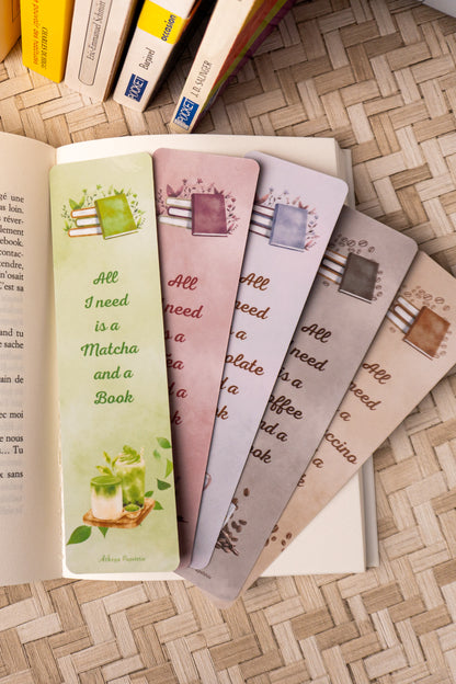 Photo des 5 marque-pages sur le thème des boissons chaudes. 