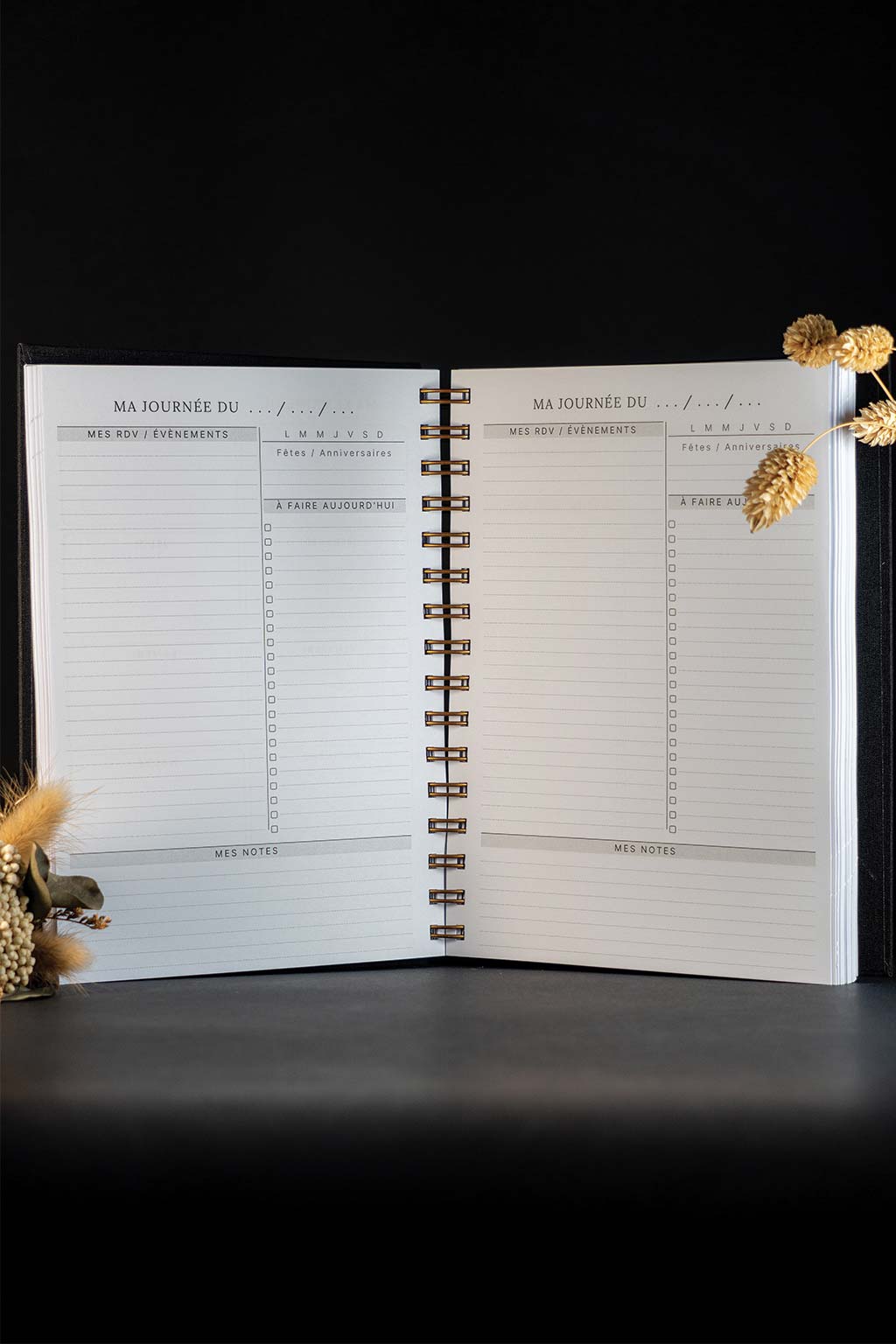 Photo de l'intérieur de l'agenda Alix qui est sur un fond noir. Les seuls éléments de décoration que l'on aperçoit sont des fleurs séchées.