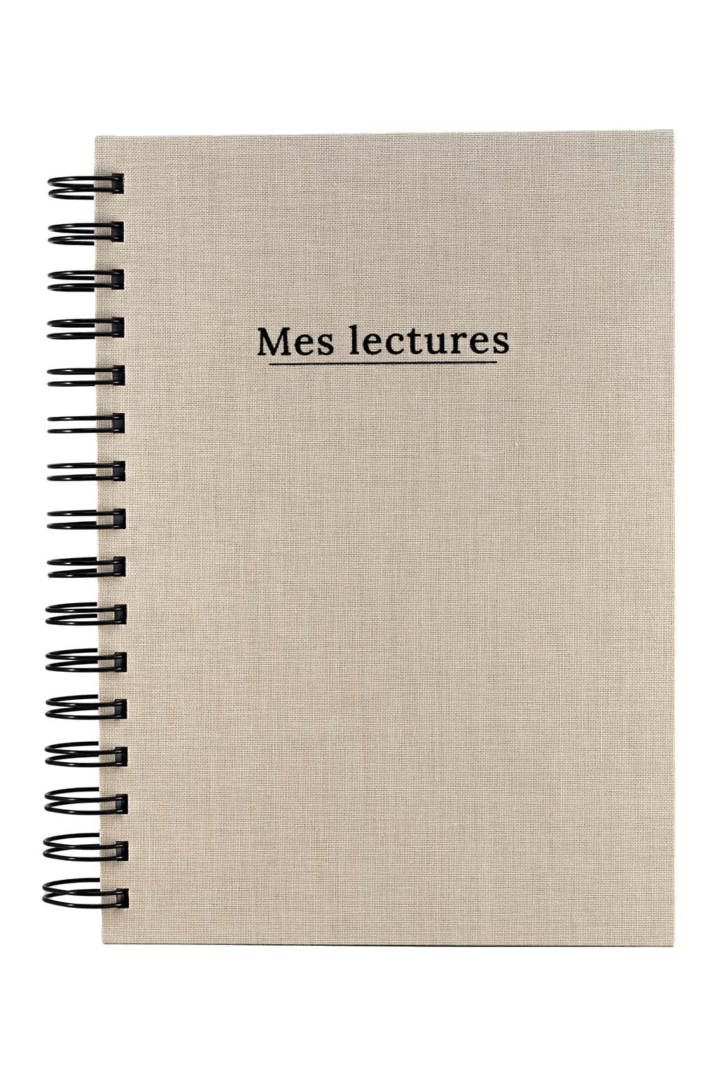 Photo brute du carnet "Mes lectures" recouvert d'une toile beige et  avec l'inscription "Mes lectures" ainsi que la spirale de couleur noire. Il n'y a aucun autre élément sur la photo, uniquement le carnet sur fond blanc.