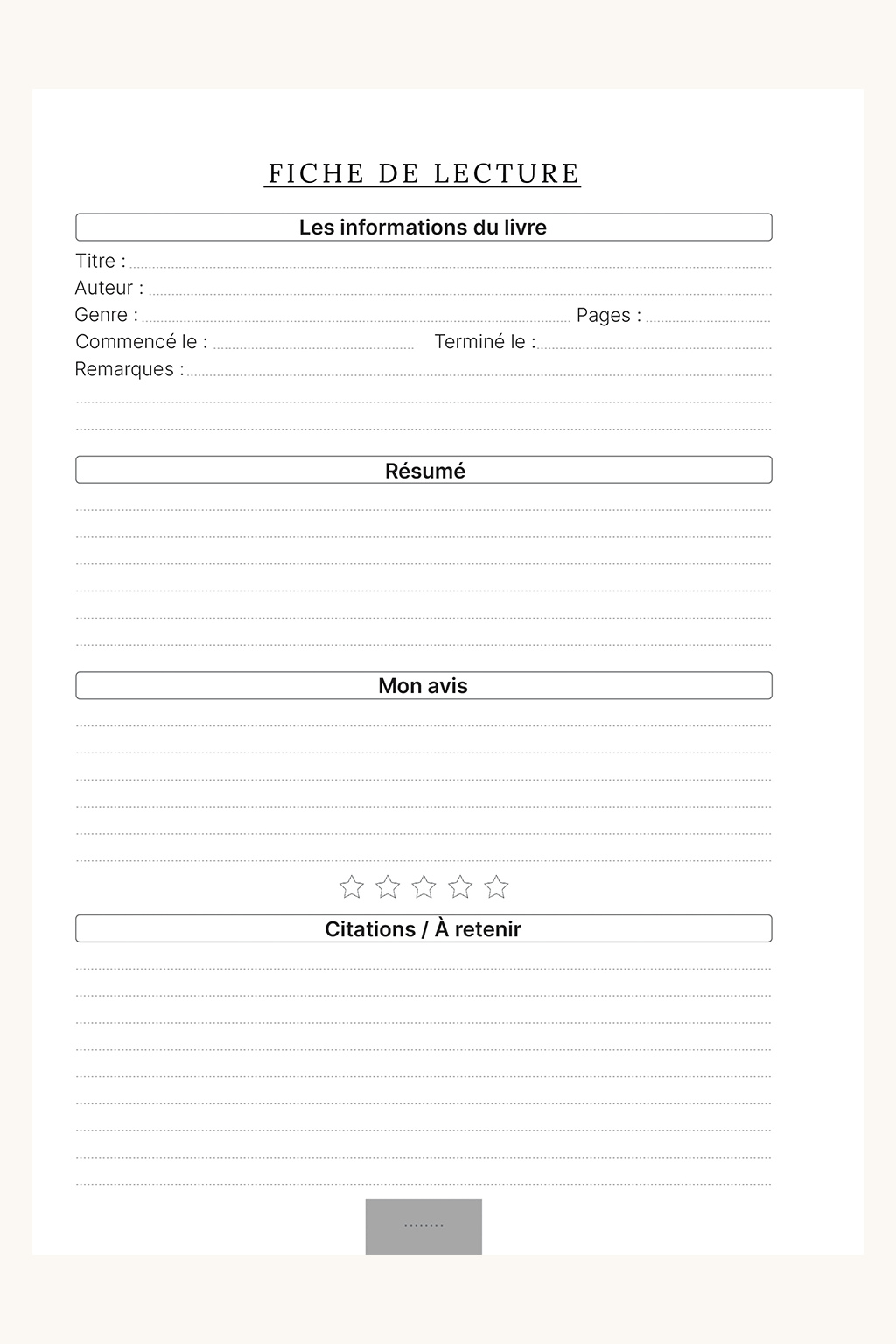 Photo de la page de gauche de la fiche lecture. On y retrouve plusieurs informations telles que : le titre du livre / son auteur / son genre / les dates auxquelles on l'a lu / le nombre de pages / un résumé / notre avis ainsi qu'une catégories "Citations / À retenir".