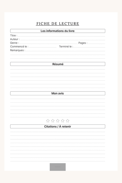 Photo de la page de gauche de la fiche lecture. On y retrouve plusieurs informations telles que : le titre du livre / son auteur / son genre / les dates auxquelles on l'a lu / le nombre de pages / un résumé / notre avis ainsi qu'une catégories "Citations / À retenir".
