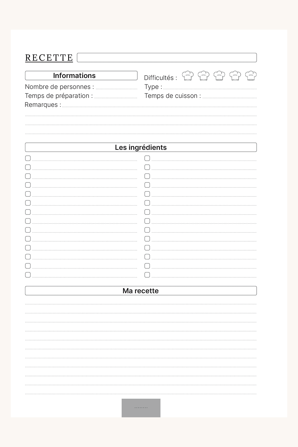 Photo de la page de gauche de la fiche recette. Vous y retrouverez : le nom de la recette / son niveau de difficultés / le nombre de personnes / le type de recette / son temps de préparation / son temps de cuisson / des remarques / la liste des ingrédients et enfin la recette.