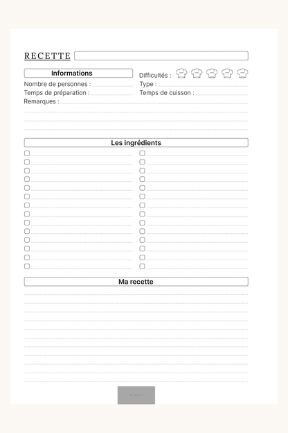 Photo de la page de gauche de la fiche recette. Vous y retrouverez : le nom de la recette / son niveau de difficultés / le nombre de personnes / le type de recette / son temps de préparation / son temps de cuisson / des remarques / la liste des ingrédients et enfin la recette.