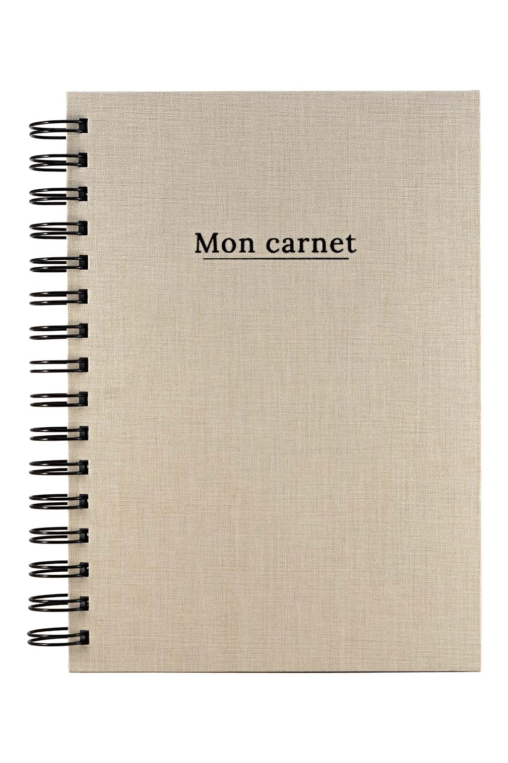 Photo brute du carnet "Mon Carnet" recouvert d'une toile beige et  avec l'inscription "Mon carnet" ainsi que la spirale de couleur noire. Il n'y a aucun autre élément sur la photo, uniquement le carnet sur fond blanc.