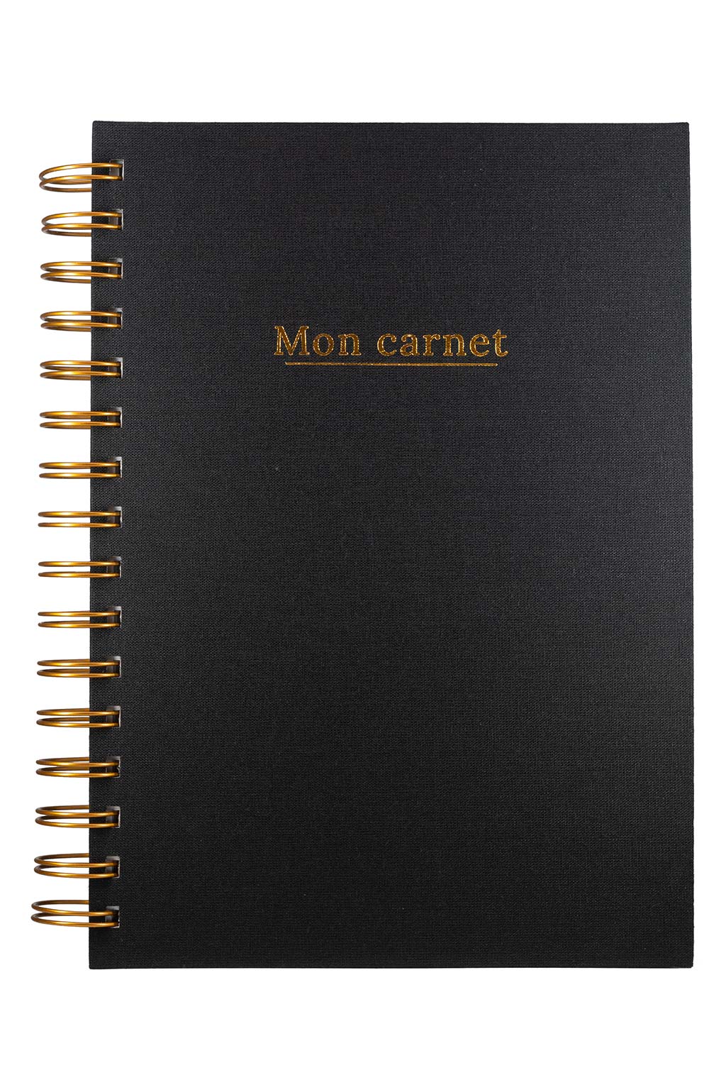 Photo brute du carnet "Mon Carnet" recouvert d'une toile noire et  avec l'inscription "Mon carnet" ainsi que la spirale de couleur bronze. Il n'y a aucun autre élément sur la photo, uniquement le carnet sur fond blanc.