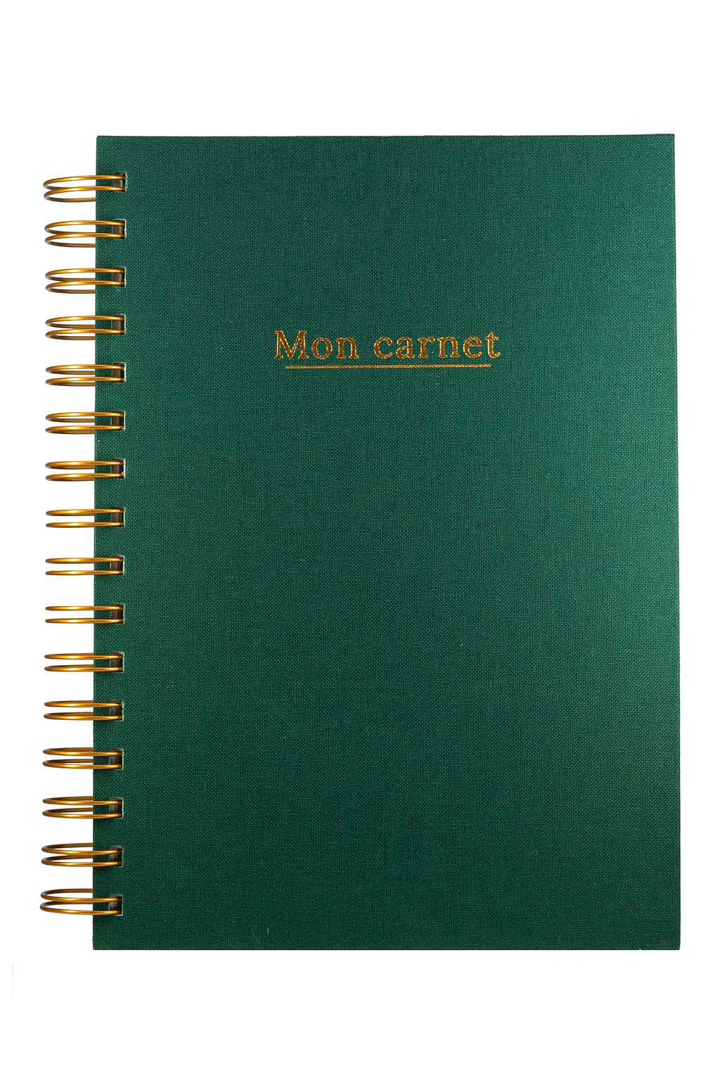 Photo brute du carnet "Mon Carnet" recouvert d'une toile vert sapin et  avec l'inscription "Mon carnet" ainsi que la spirale de couleur bronze. Il n'y a aucun autre élément sur la photo, uniquement le carnet sur fond blanc.