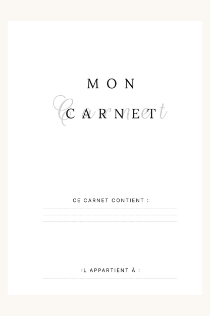 Photo de la page de garde du carnet "Mon carnet" qui permet de noter ce que contient le carnet et à qui il appartient.