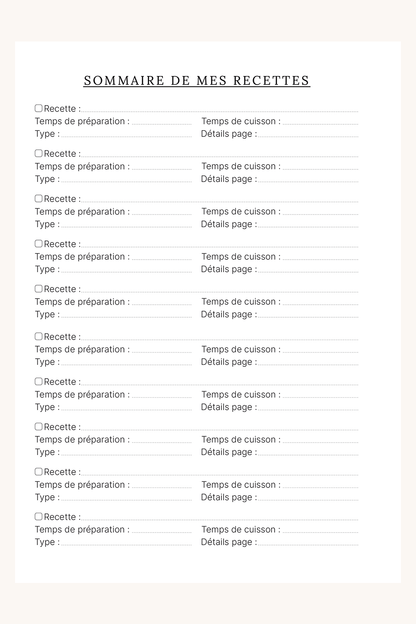Photo d'une page sommaire du carnet "Mes recettes" où l'on peut noter 10 recettes. On y note : le nom de la recette / le temps de préparation / le temps de cuisson / le type de recette  / ainsi que le numéro de page où retrouver les détails de chaque recette.