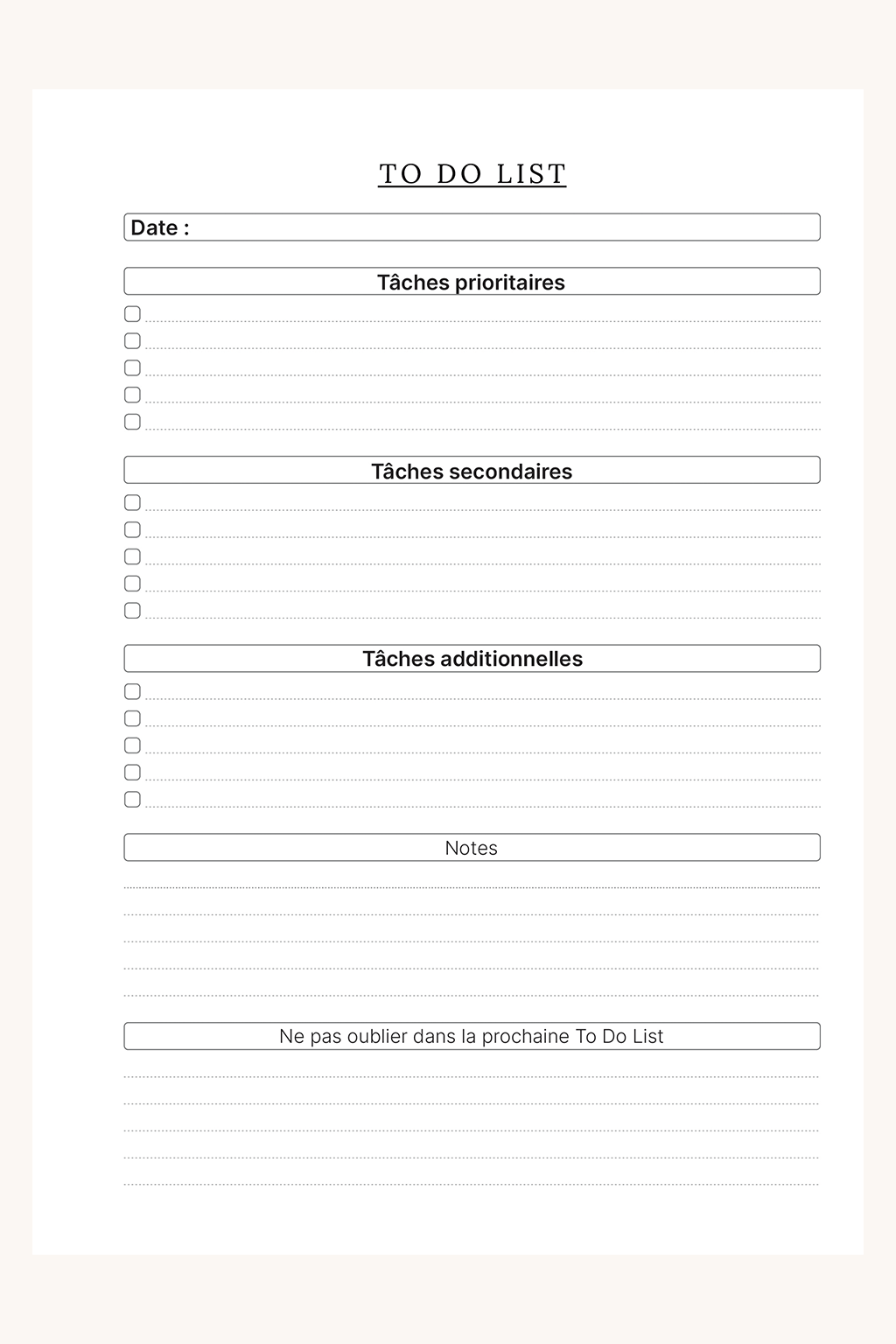 Visuel représentant une page recto du modèle "To Do List". Sur cette page on peut noter la date ainsi que les choses que l'on souhaite faire sur les lignes à cocher en distinguant vos tâches en fonction de leur priorité. Il y a également un espace de notes libres en bas de page.