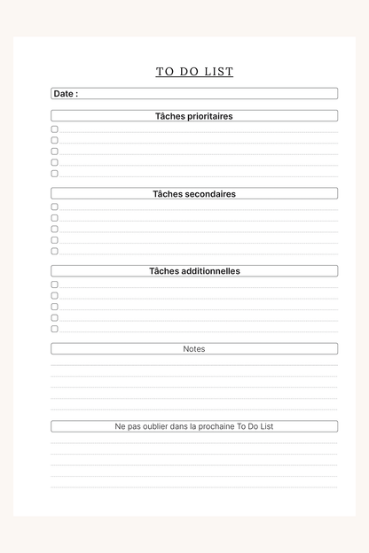 Visuel représentant une page recto du modèle "To Do List". Sur cette page on peut noter la date ainsi que les choses que l'on souhaite faire sur les lignes à cocher en distinguant vos tâches en fonction de leur priorité. Il y a également un espace de notes libres en bas de page.