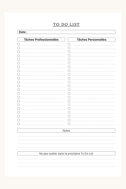 Visuel représentant une page recto du modèle "To Do List". Sur cette page on peut noter la date ainsi que les choses que l'on souhaite faire sur les lignes à cocher en distinguant vos tâches personnelles et professionnelles. Il y a également un espace de notes libres en bas de page.
