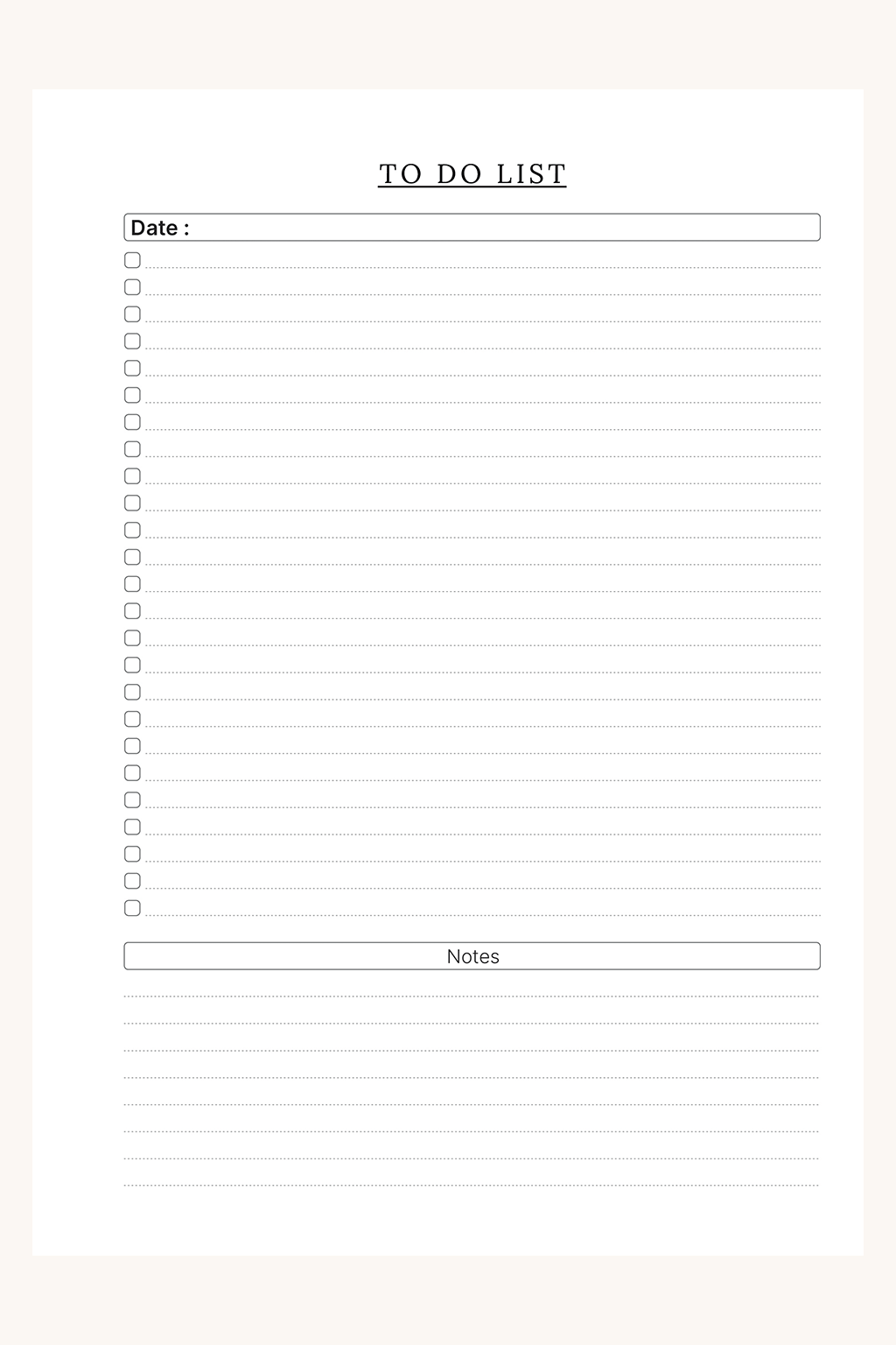 Visuel représentant une page recto du modèle "To Do List". Sur cette page on peut noter la date ainsi que les choses que l'on souhaite faire sur les lignes à cocher. Il y a également un espace de notes libres en bas de page.